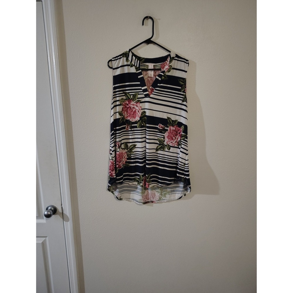 Pink Coconut Boutique Womens Large Floral Stripe Sleeveless V-Neck Blouse Navy